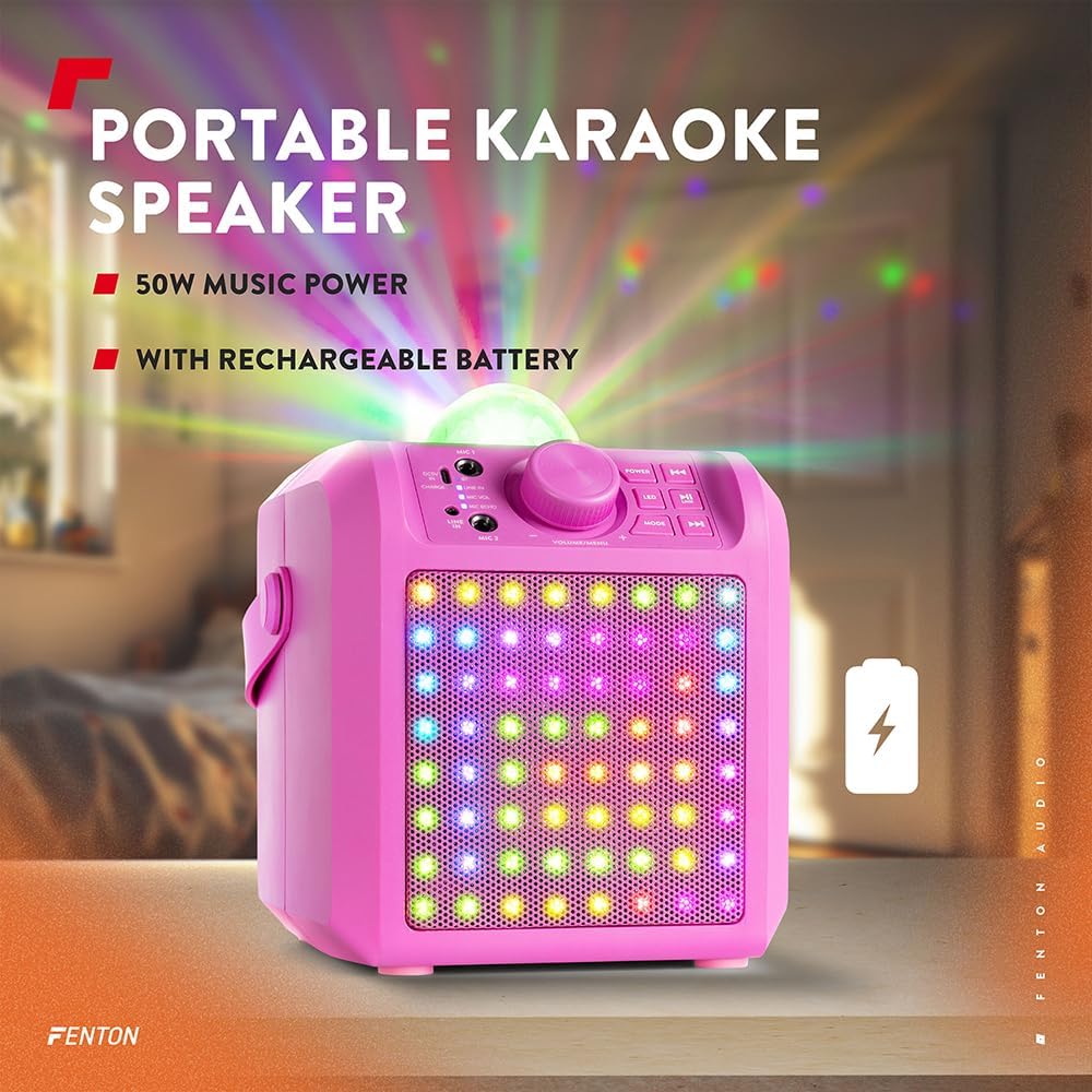 Fenton KAR55P – Musikbox Kinder Karaoke Anlage mit 2 Mikrofonen, Jelly Ball LED-Discolicht, Bluetoot