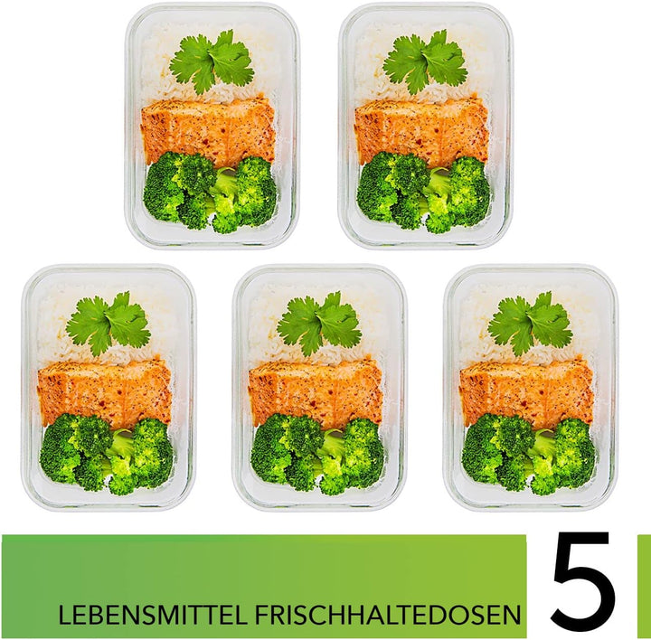 [5er Pack] Frischhaltedosen Glas mit Deckel - Meal Prep Boxen Glas - Glasbehälter Set - Spülmaschine