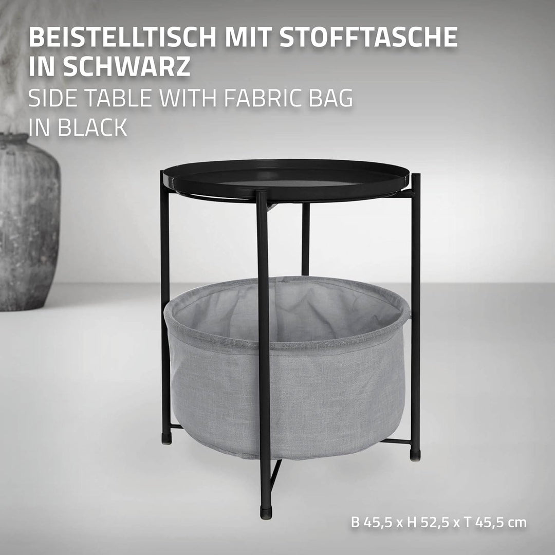 ML-Design Beistelltisch rund Ø45,5 x H 52,5 cm, Schwarz, aus Metall, Couchtisch mit Stoffkorb & abne