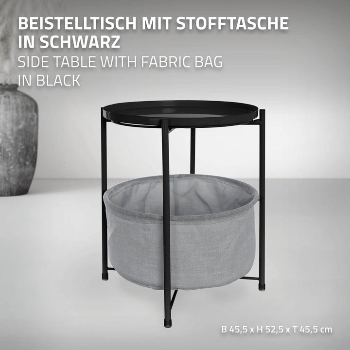 ML-Design Beistelltisch rund Ø45,5 x H 52,5 cm, Schwarz, aus Metall, Couchtisch mit Stoffkorb & abne