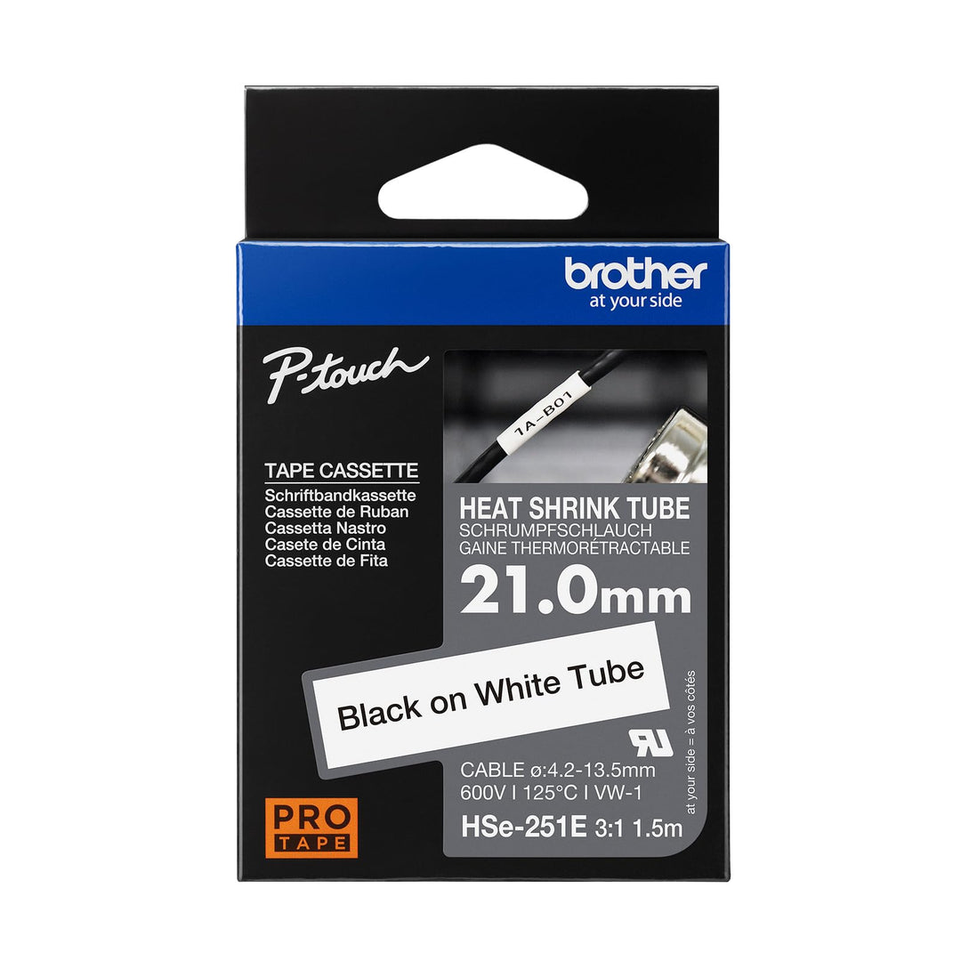 Original Brother Pro Tape HSe-251E Schrumpfschlauch – schwarz auf weiss Mehrfarbig 5 m, Mehrfarbig 5