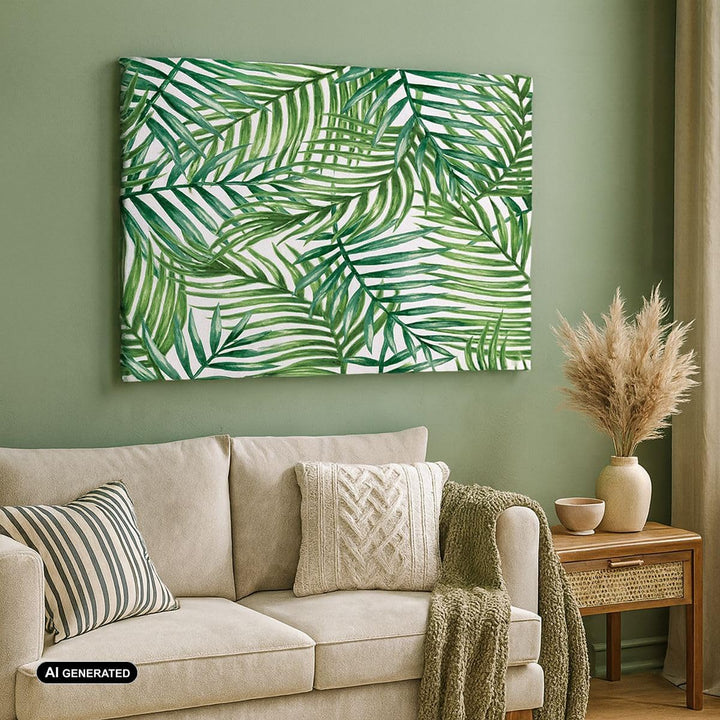 Bilder auf Leinwand 100x70cm Leinwandbild mit Rahmen Palme Blatt grün Gross Wanddeko Bild Schlafzimm