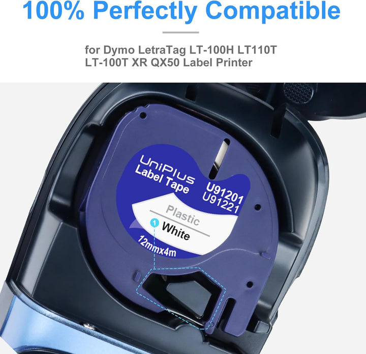 UniPlus 10x Kompatible für Dymo Letratag 12mm x 4m Etikettenband 91221 91201 S0721660 Kunststoff Sch