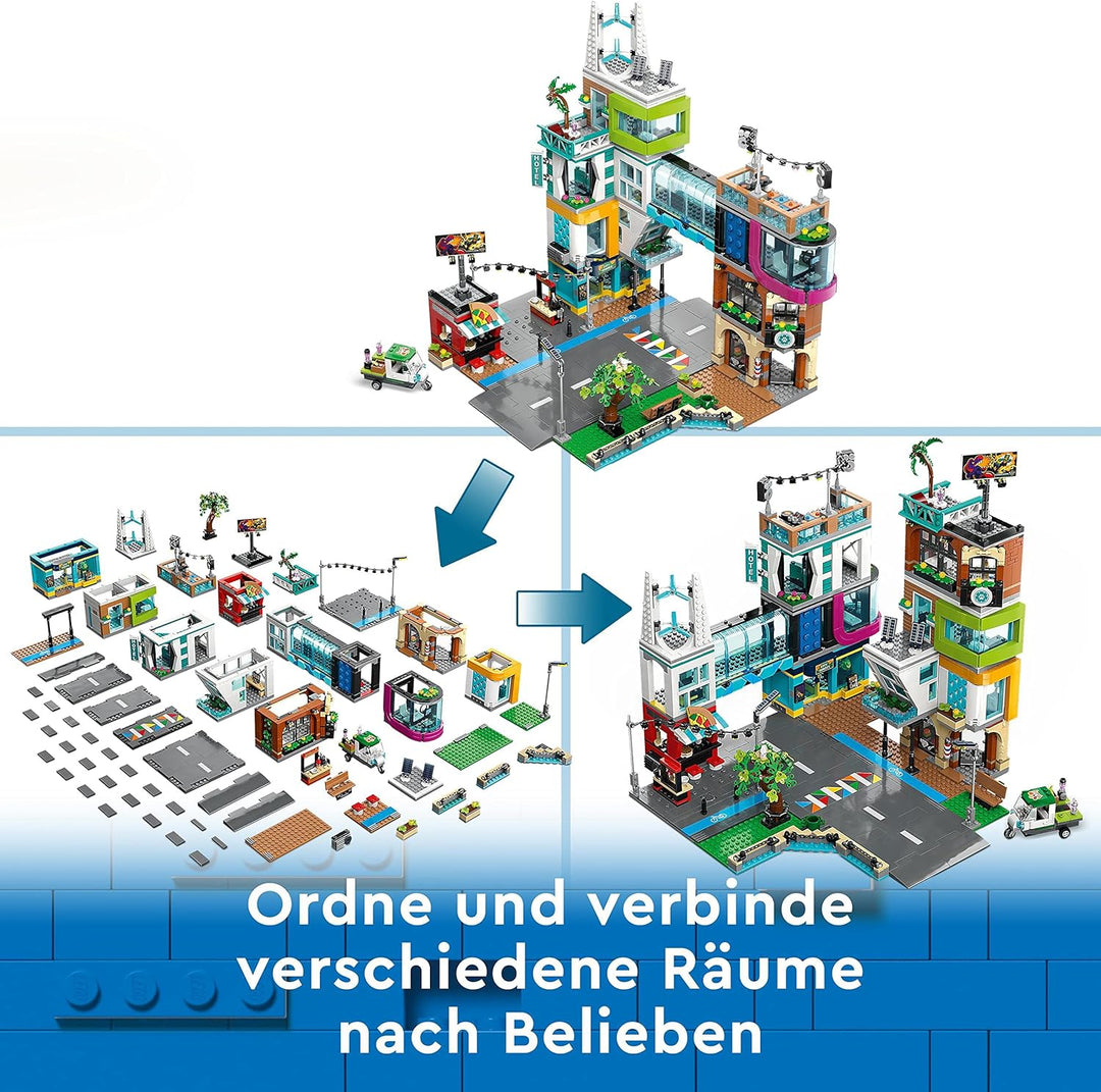 LEGO 60380 City Stadtzentrum Set, Modellbausatz, Spielzeug mit Spielzeugläden wie Friseur, Tierarzt,