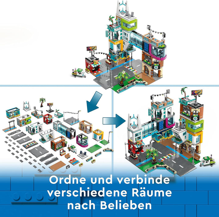 LEGO 60380 City Stadtzentrum Set, Modellbausatz, Spielzeug mit Spielzeugläden wie Friseur, Tierarzt,