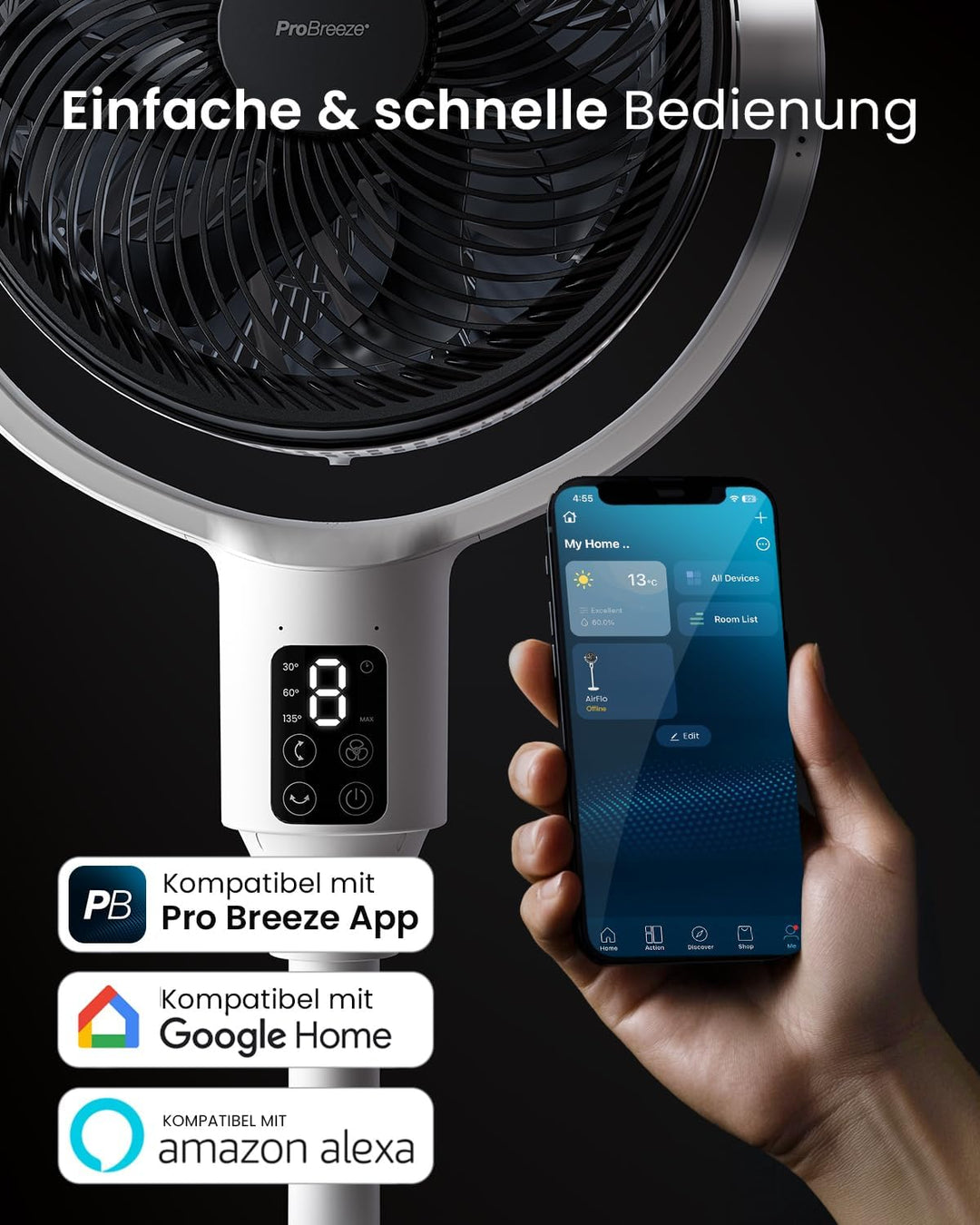 Pro Breeze AirFlo Plus Smart Standventilator 111 cm – 75% stärkerer Luftstrom, leise 29 dB, 2-in-1 S