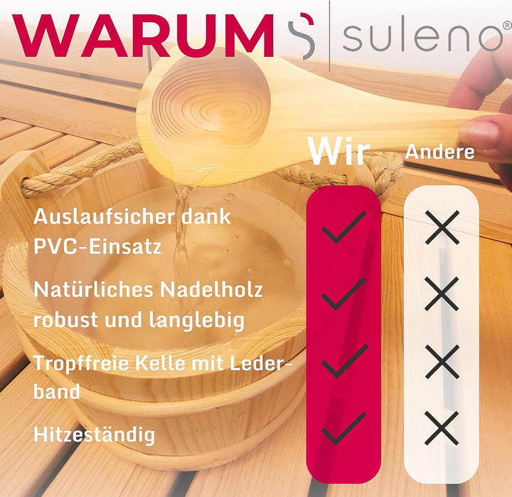 Suleno Sauna Zubehör Set - Saunaeimer mit Kelle aus Nadelholz, PVC-Einsatz, Auslaufsicher, Naturholz