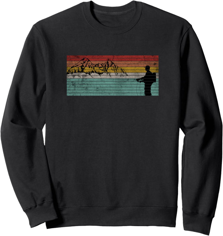 Vintage Fliegenfischer Sonnenuntergang Berge Fliegenfischen Sweatshirt