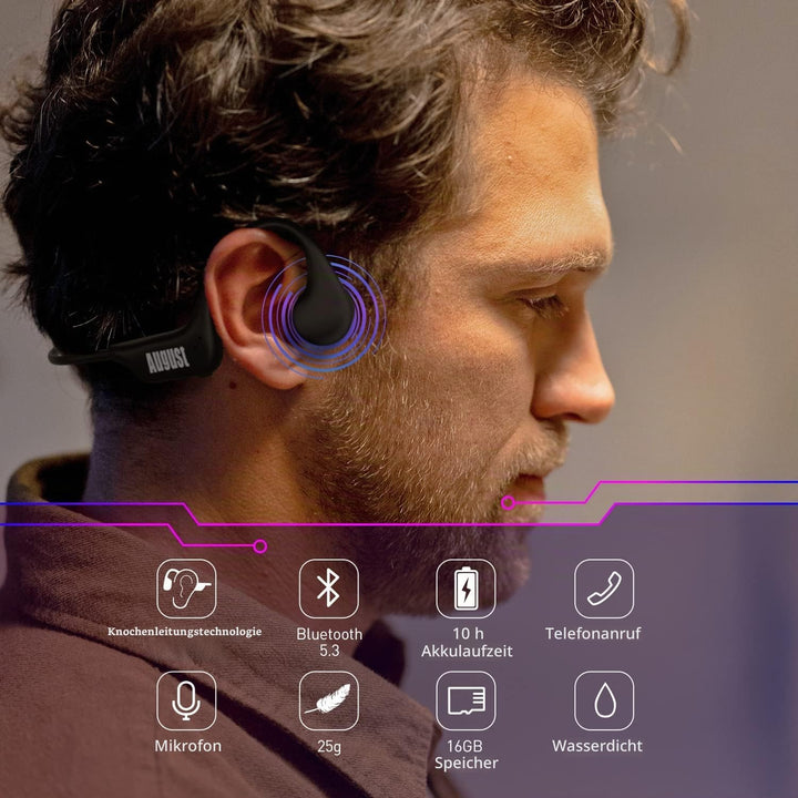 August EP400 Knochenschall Kopfhörer Bluetooth 5.3 Knochenleitungs-Kopfhörer mit Schutzklasse IP68 (