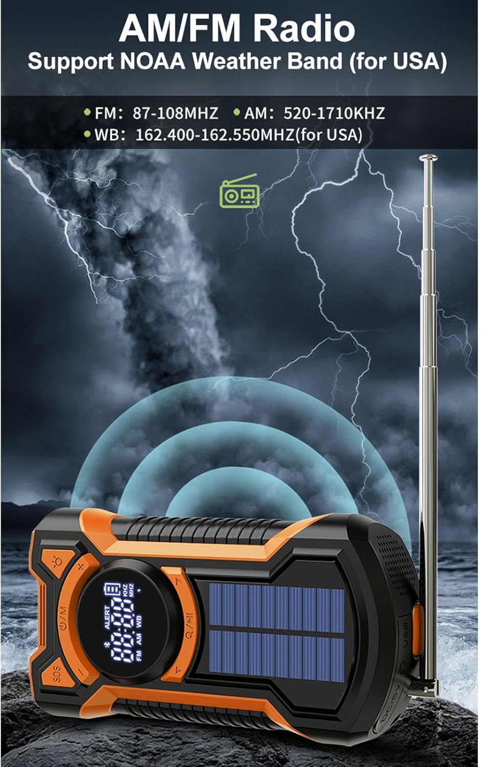 Notfallradio, 5000-mAh-Wetterradio, Solar-Handkurbelradios, FM, AM, WB, Bluetooth, SOS-Alarm und LED