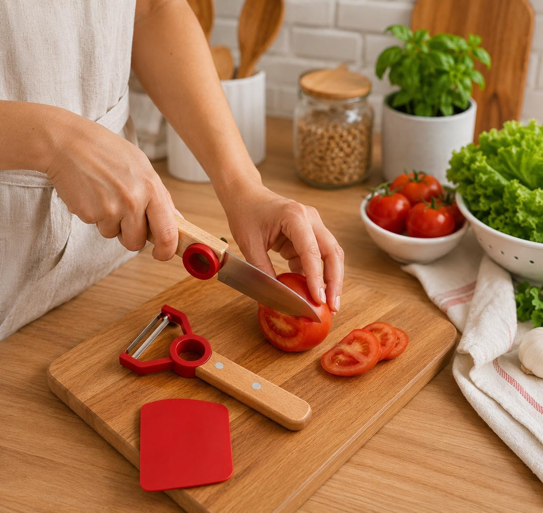 Kinder Kochmesser Set - 3 teilig - Kochmesser - Fingerschutz - Sparschäler - rostfrei Rot Grau, Grau