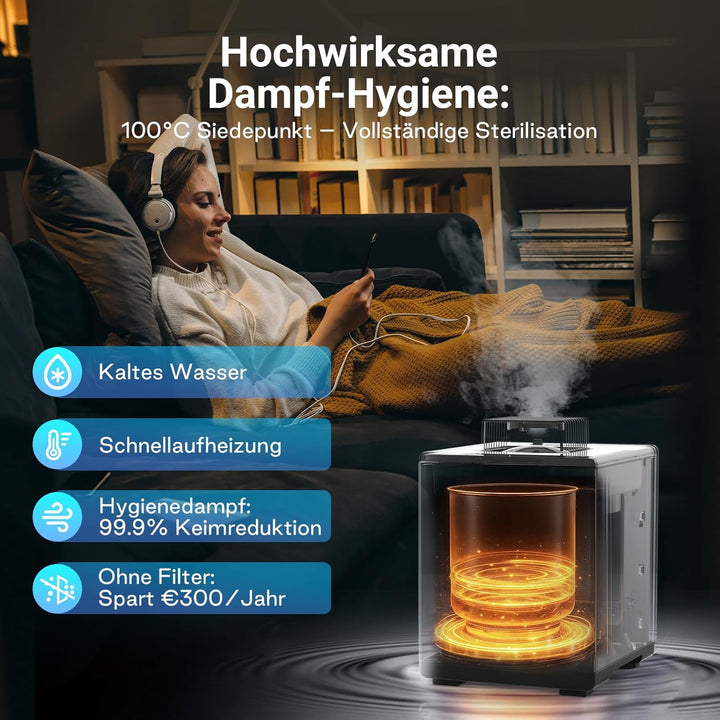 Luftbefeuchter Schlafzimmer Top-Fill, 3L Edelstahl Warmnebel Luftbefeuchter, Reduziert 99,97% der Ba