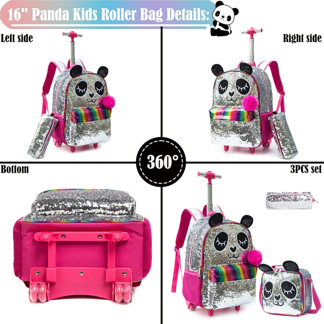 Rucksack Mädchen Schulranzen Trolley Silber Rot Panda Pailletten Trolley Rucksack Schulrucksack Teen