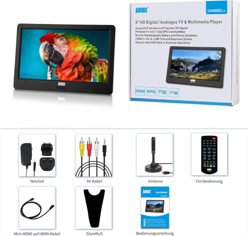 Tragbarer Mini Fernseher - August DA900D - 9 Zoll mit Akku - Portabler hochauflösender LCD TV mit DV