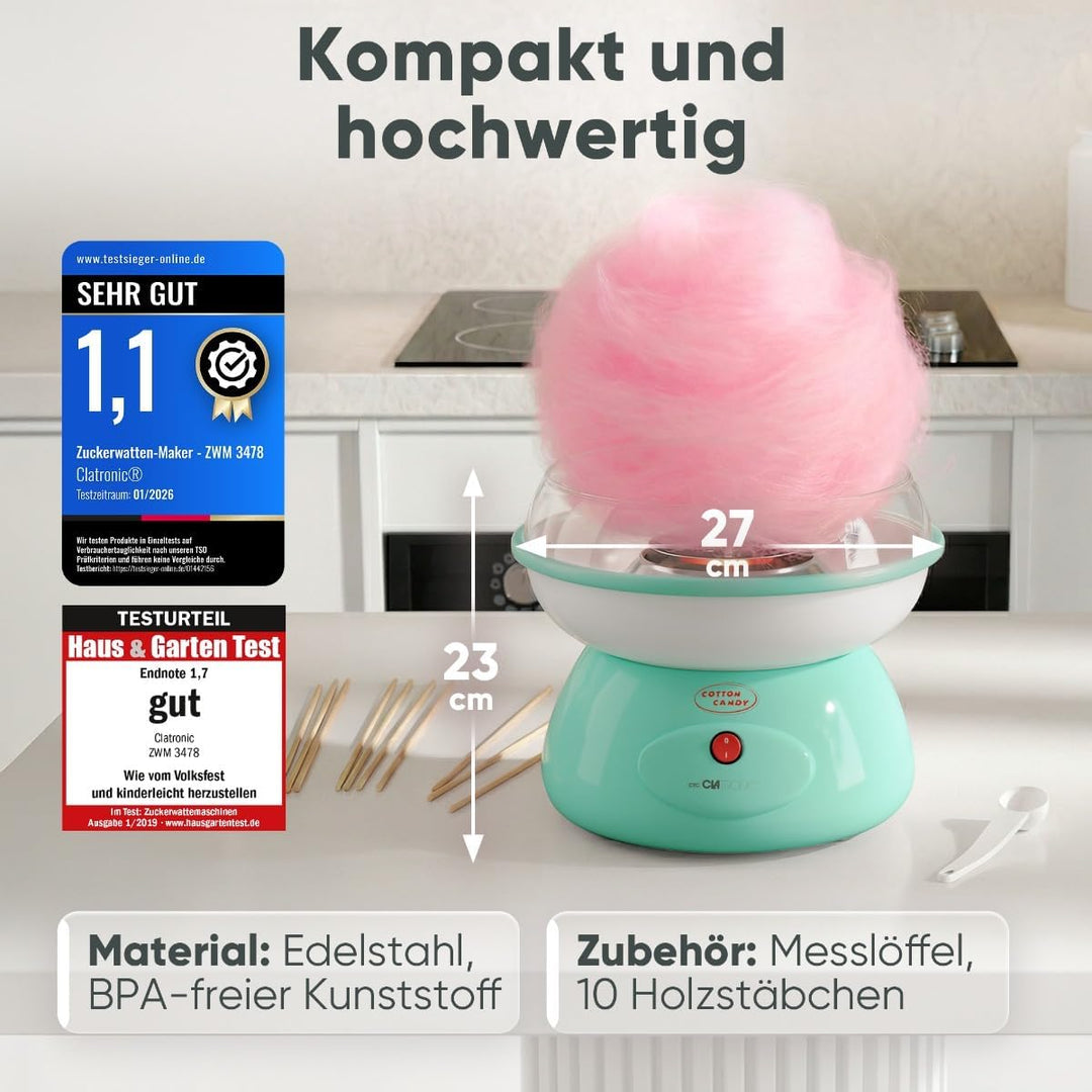 Clatronic® Zuckerwattemaschine | für Zuckerwatte in wenigen Minuten | inkl. Messlöffel und 10 Holzst