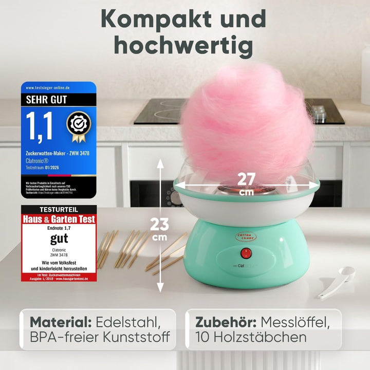 Clatronic® Zuckerwattemaschine | für Zuckerwatte in wenigen Minuten | inkl. Messlöffel und 10 Holzst