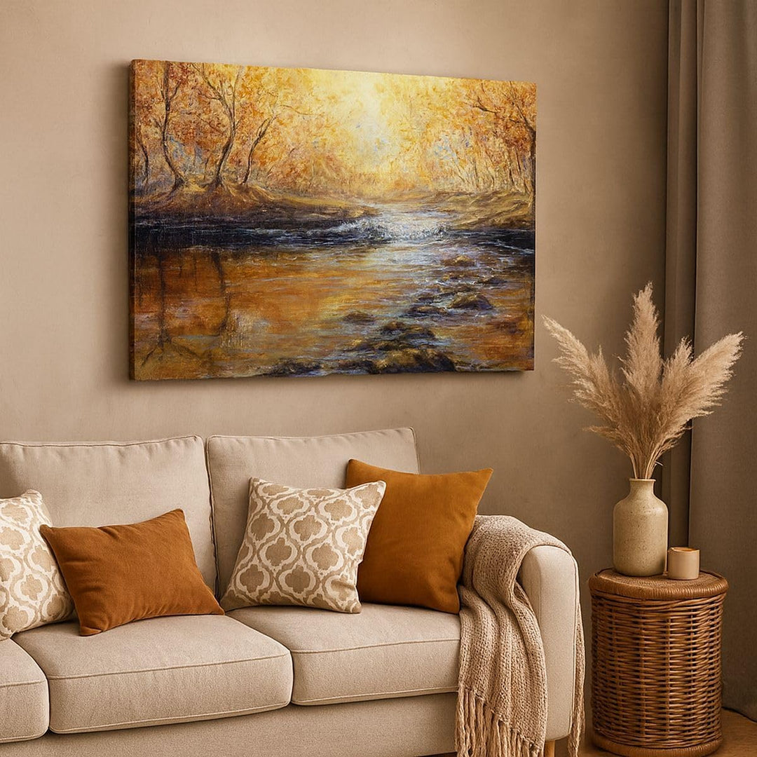 Bilder auf Leinwand 100x70cm Leinwandbild mit Rahmen Bach Park Baum Gross Wanddeko Bild Schlafzimmer