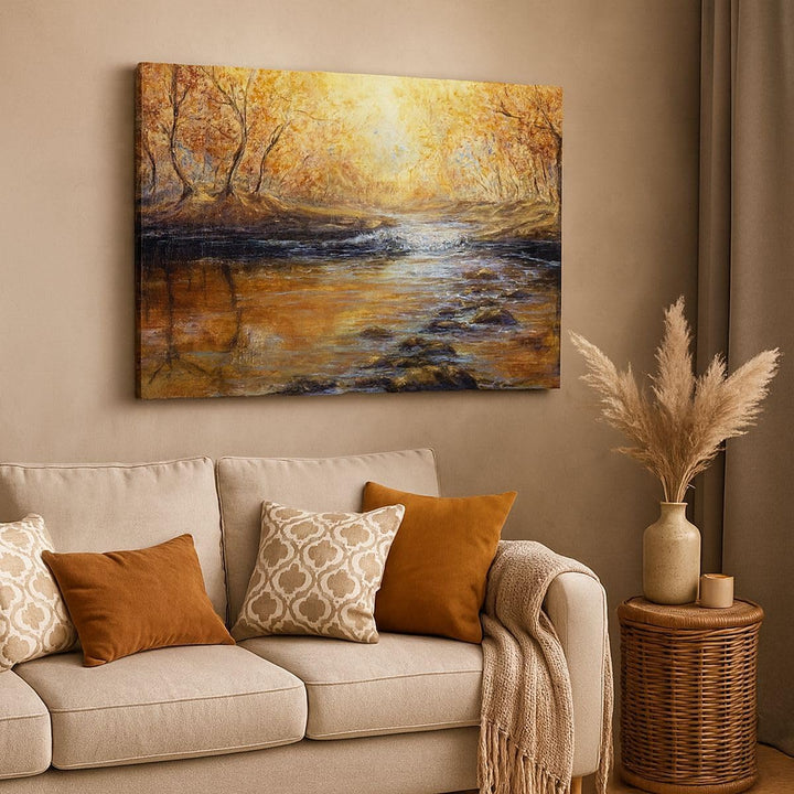 Bilder auf Leinwand 100x70cm Leinwandbild mit Rahmen Bach Park Baum Gross Wanddeko Bild Schlafzimmer