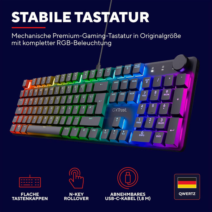 Trust Gaming GXT 866 Torix Mechanische Tastatur Deutsches QWERTZ Layout, Huano-Switches, Flache Tast