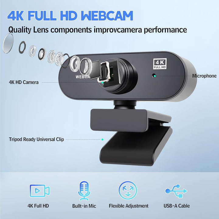 Webcam 4K, Webcam Full HD 30fps, 80° Weitwinkel mit Mikrofon mit Rauschunterdrückung, Belichtungskor