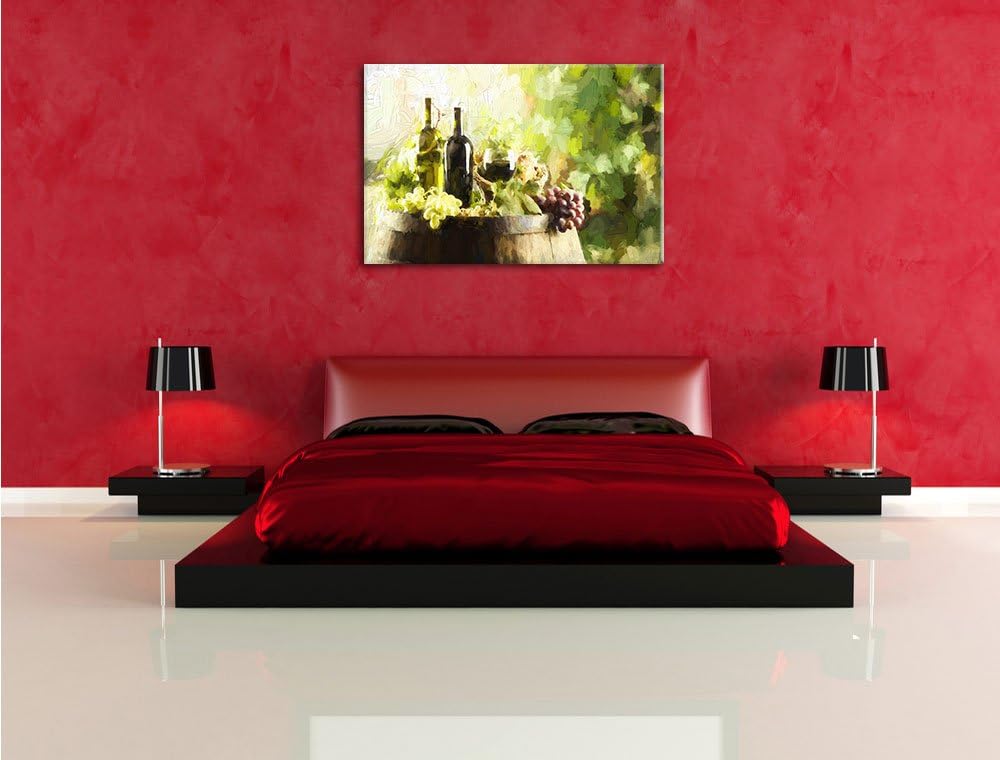 Pixxprint Wein mit Weintrauben auf Fass als Leinwandbild/Grösse: 100x70 cm/Wandbild/Kunstdruck/ferti