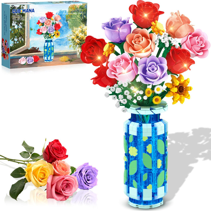 Rosen-Blumen-Bausatz mit Vase und LED-Licht, 16 Mini-Blumensträusse, botanisches Bausteinspielzeug f