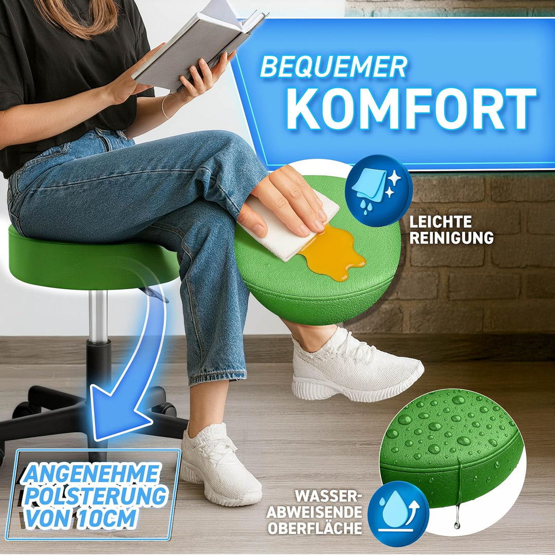 TRESKO® Rollhocker höhenverstellbar 10 cm Dicke Polsterung bis 150 kg | Hocker 47-60cm | Arbeitshock
