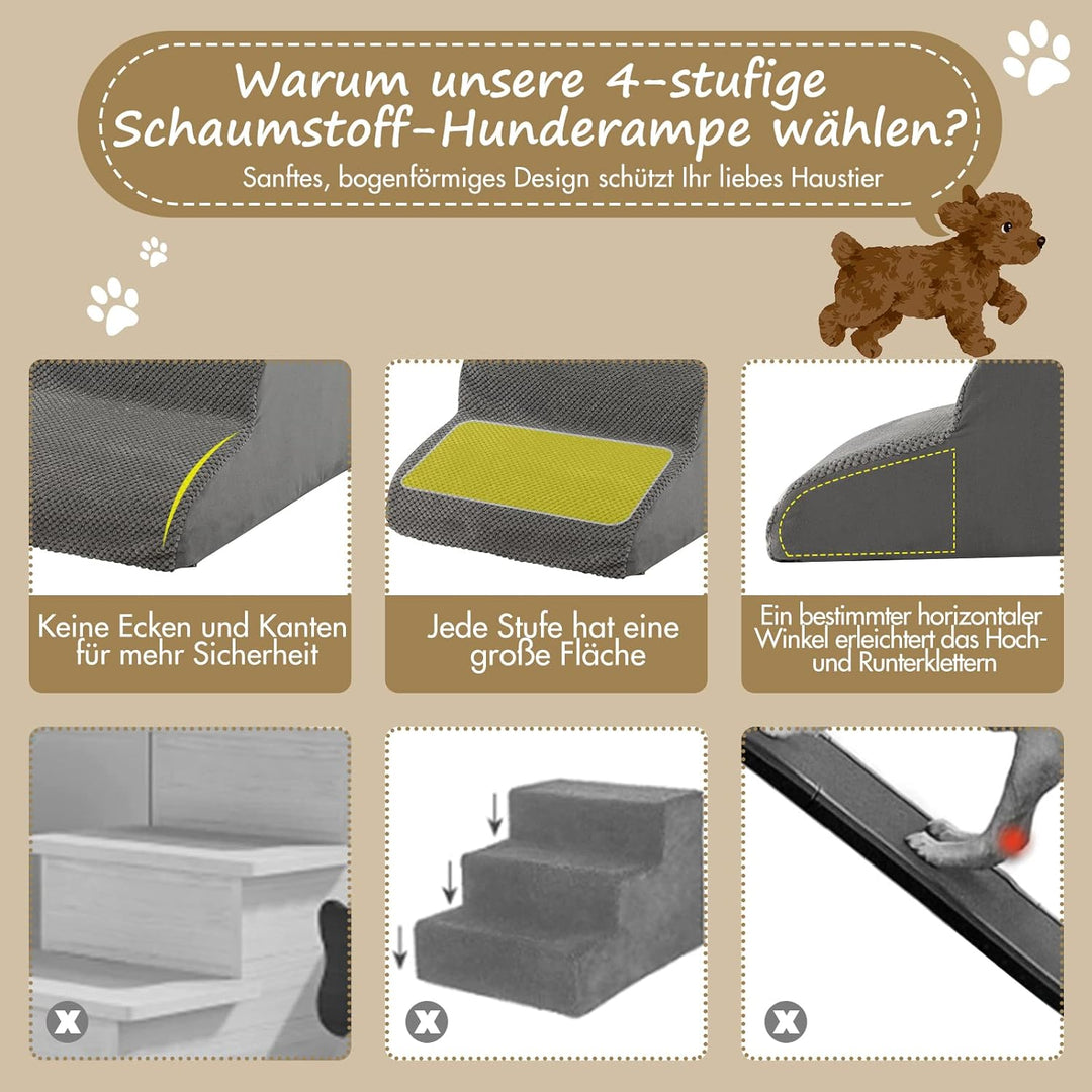 COSTWAY Hundetreppe 4 Stufen, rutschfeste Hundestufe aus Schaumstoff, Haustiertreppe für Hunde Katze