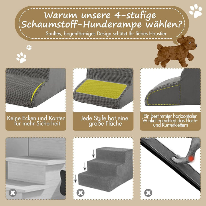 COSTWAY Hundetreppe 4 Stufen, rutschfeste Hundestufe aus Schaumstoff, Haustiertreppe für Hunde Katze
