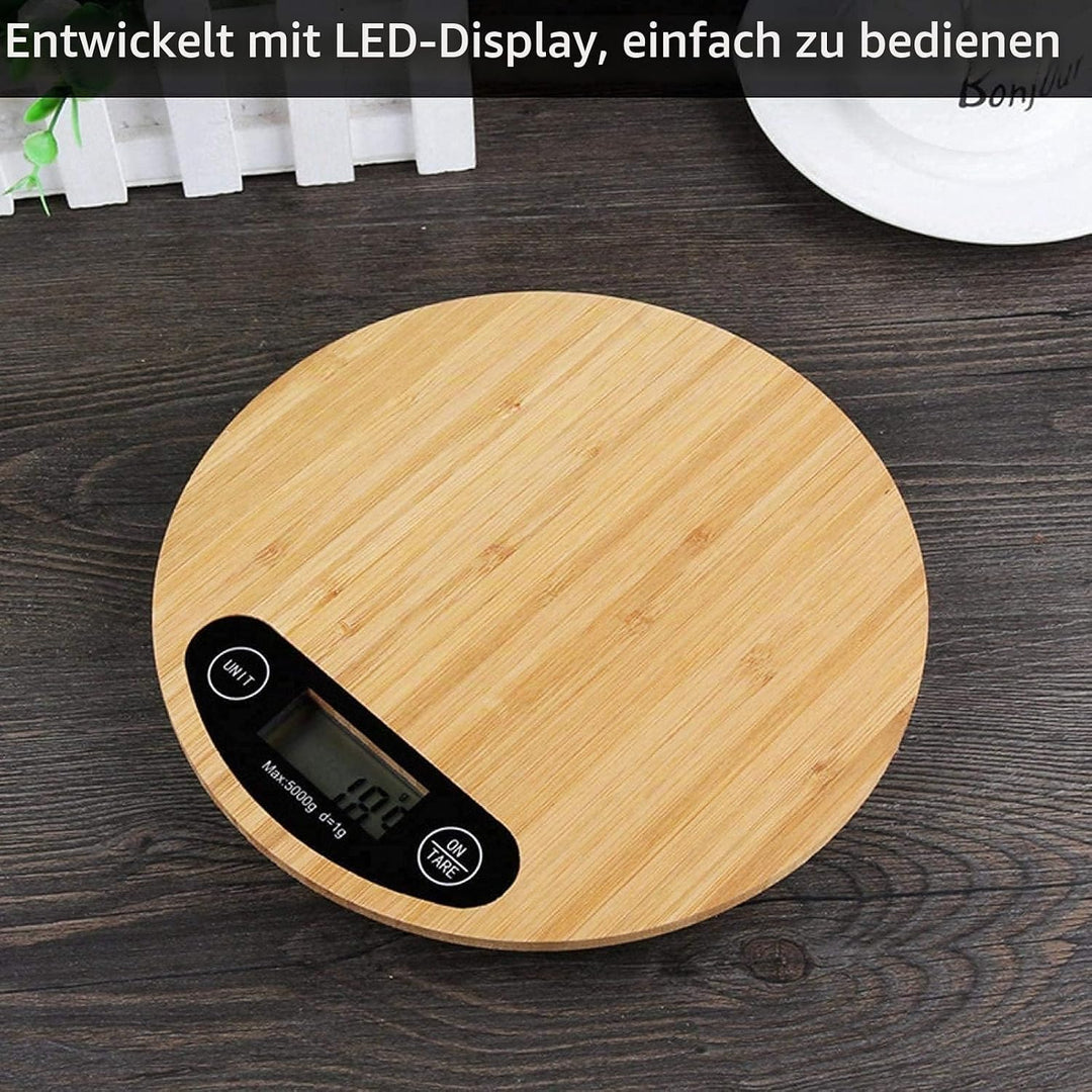 Küchenskala, 2 * AAA 5kg/1g Batterie Bambus Runde Elektrische Küchenwaage LED Anzeige, Digitale Küch