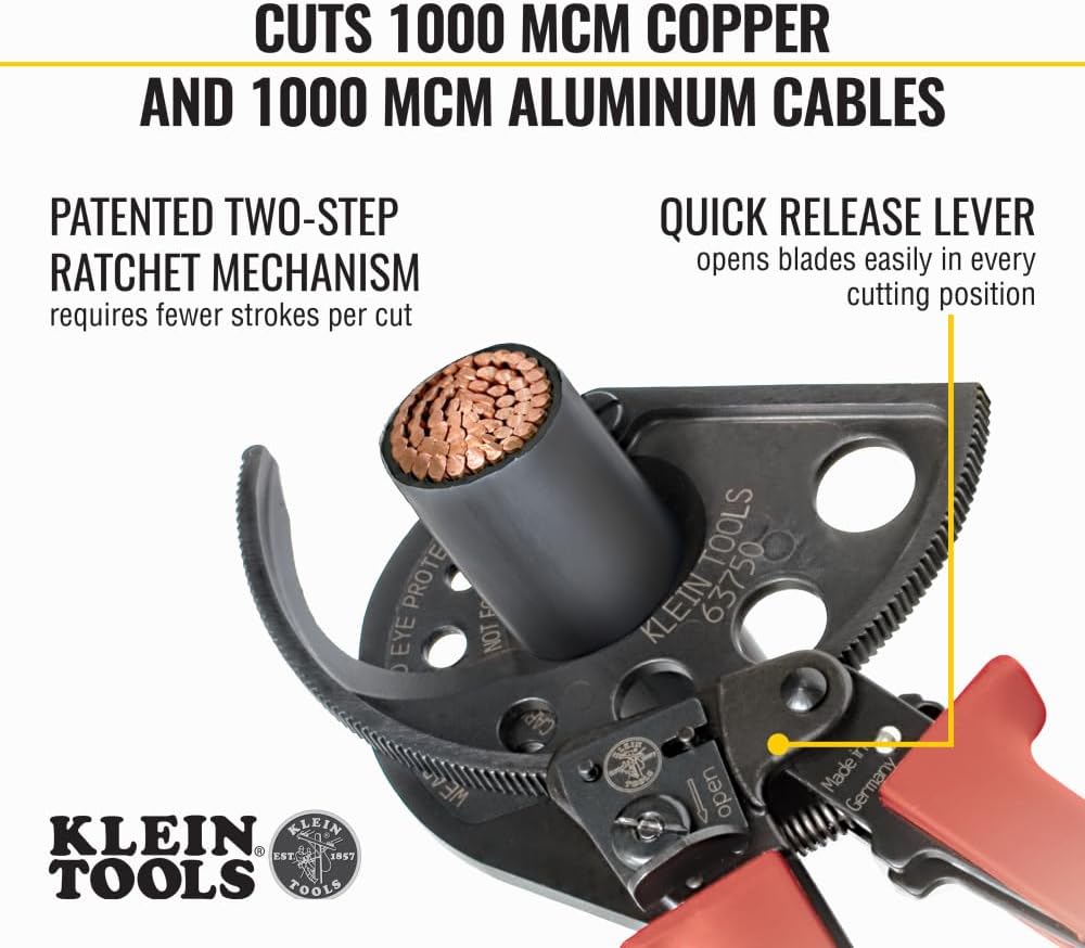 Klein Tools Kabelschneider, Ratschen-Kabelschneider, schneidet bis zu 1000 MCM, ideal für die Kabelv