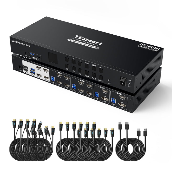 TESmart USB 3.0 MST HDMI+DP KVM Switch 4 Monitore 4 PC, 4K@60Hz Quad Monitor KVM-Switches mit EDID E