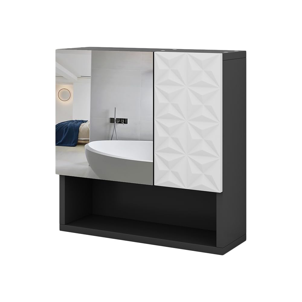 Vicco Bad Spiegelschrank Edge, Schwarz/Weiss, 54 x 55 cm mit Tür und offenen Fächern Schwarz Spiegel