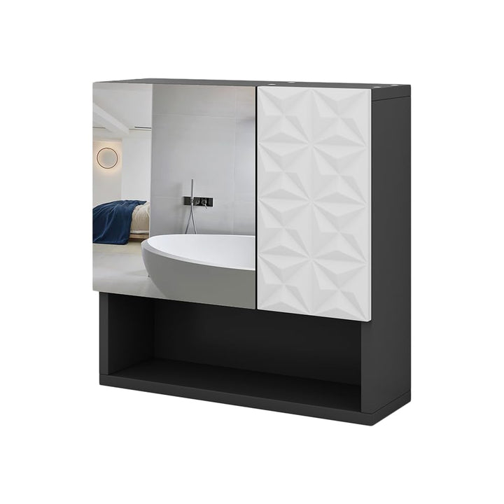 Vicco Bad Spiegelschrank Edge, Schwarz/Weiss, 54 x 55 cm mit Tür und offenen Fächern Schwarz Spiegel