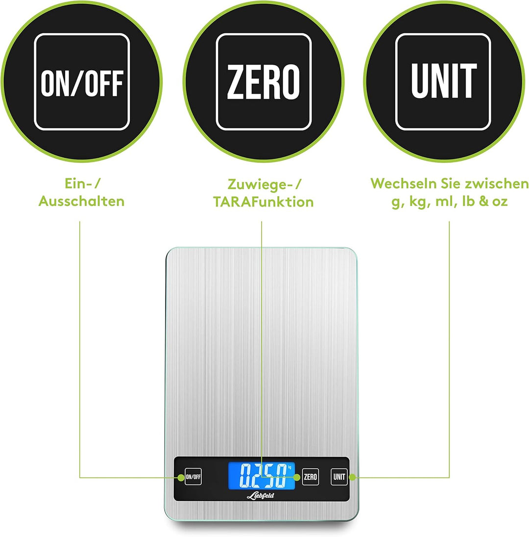 Liebfeld Küchenwaage Digital - Präzise Waage aus Edelstahl u. Glas mit grosser Wiegefläche bis 15kg