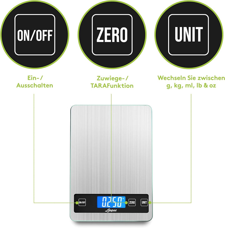 Liebfeld Küchenwaage Digital - Präzise Waage aus Edelstahl u. Glas mit grosser Wiegefläche bis 15kg