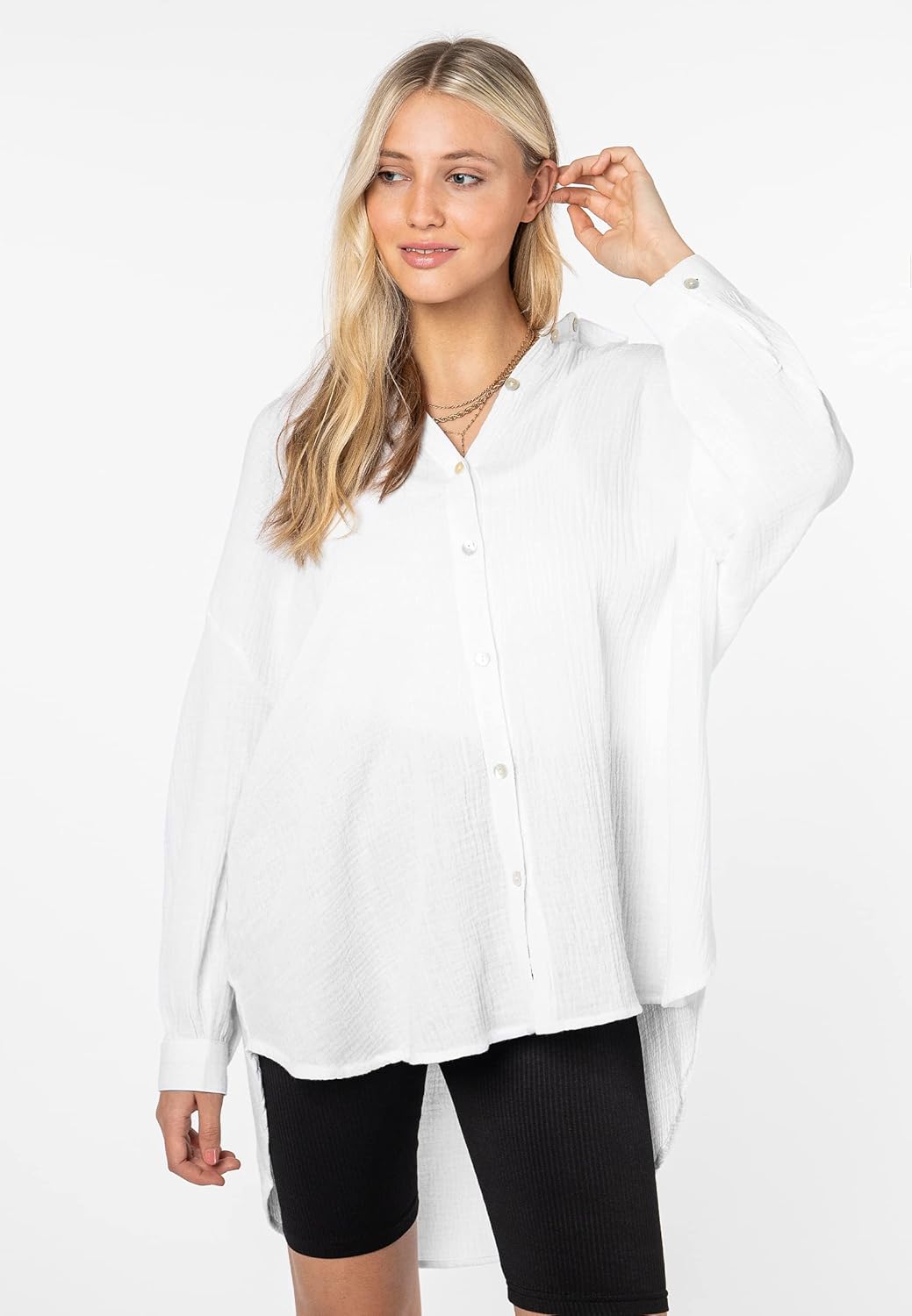 Sublevel Damen Musselin Bluse Muslin Long-Bluse Langarm Oversize Baumwolle M-L Weiss, M-L Weiss