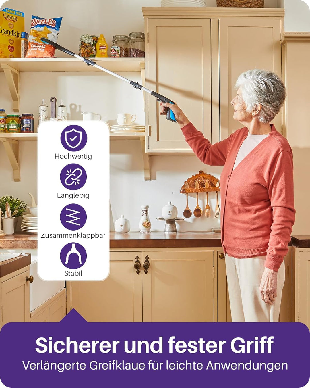 Kekoy Greifzange für Senioren 111cm Aluminium Müllzange, Faltbare Greifer für Senioren, Drehbar Müll