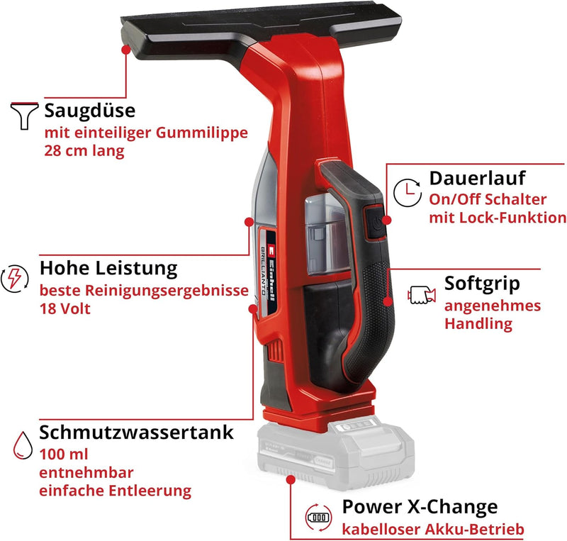 Einhell Akku-Fensterreiniger BRILLIANTO Power X-Change (18 V, 28 cm lange Saugdüse, streifenfreie Re