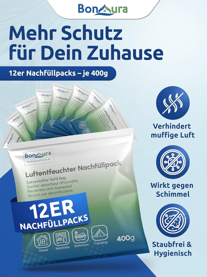 BonAura® Luftentfeuchter Nachfüllpack 12 x 400g - Mittleres Sparset Luftentfeuchter Granulat - 12er