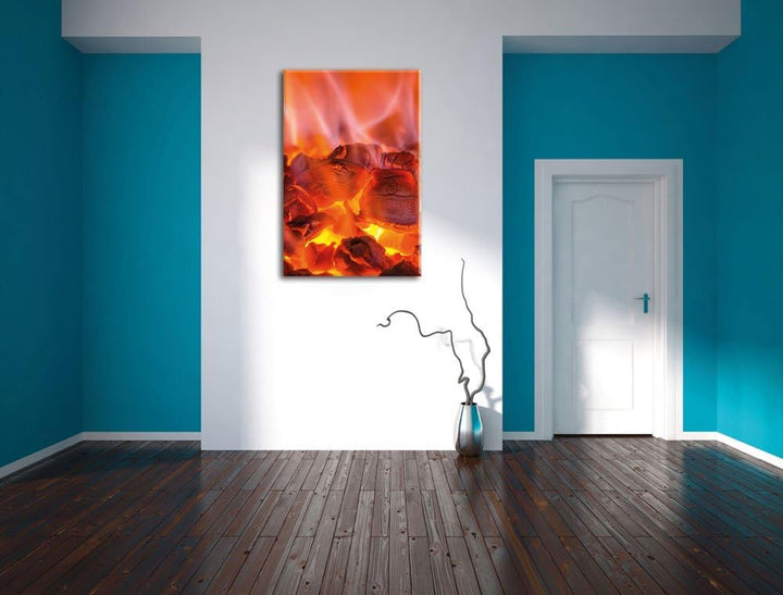 Holzkohle Feuer, Format: 100x70 auf Leinwand, XXL riesige Bilder fertig gerahmt mit Keilrahmen, Kuns