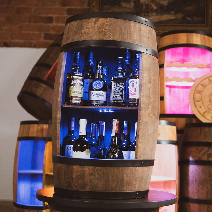 CREATIVE COOPER Fass bar mit Weinhalter - Weinregal LED RGB - Holzfass Hausbar 80x50cm - Rustikaler