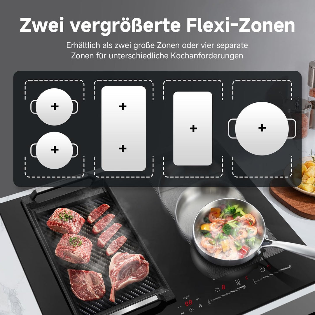 AMZCHEF Induktionskochfeld 60cm mit 2 Flexzonen, 4 Zonen Induktionskochplatte mit leisem Betrieb, 9