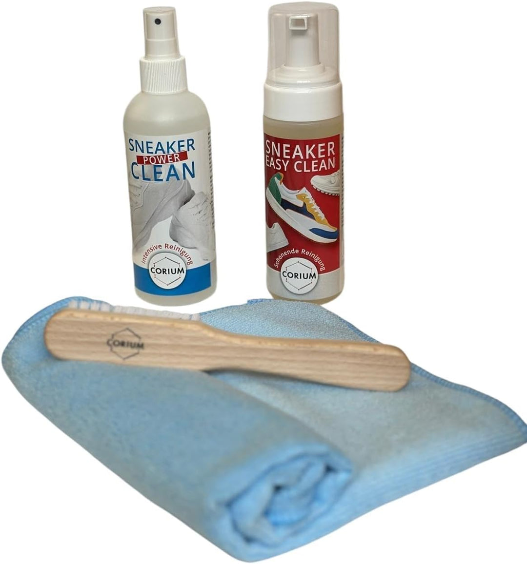 CORIUM, Sneaker Reiniger Set, Effektive Reiniger, Holzbürste & Mikrofasertuch, Set
