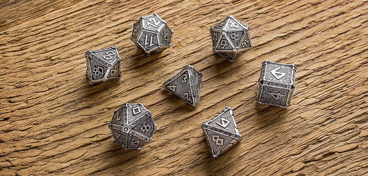 Q WORKSHOP Metal Mythical 7 Polyhedral Ornamented Dice Set Mythical 7 Polyhedral Pieces, Mythical 7