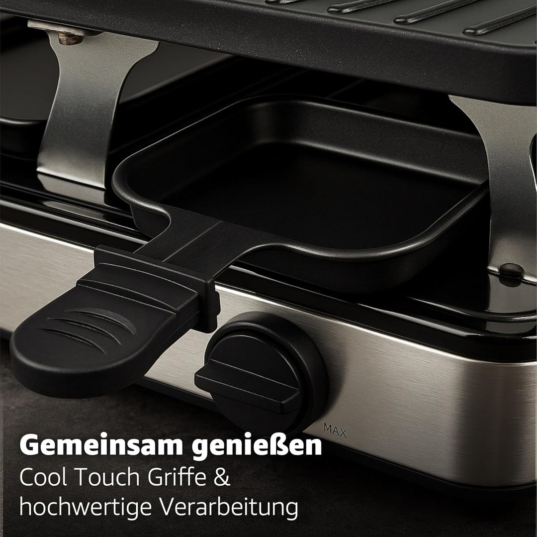 8 Personen Set Raclette Grill oval - Mit Grillplatte & Crepes Funktion - Tischgrill inkl. Pfännchen