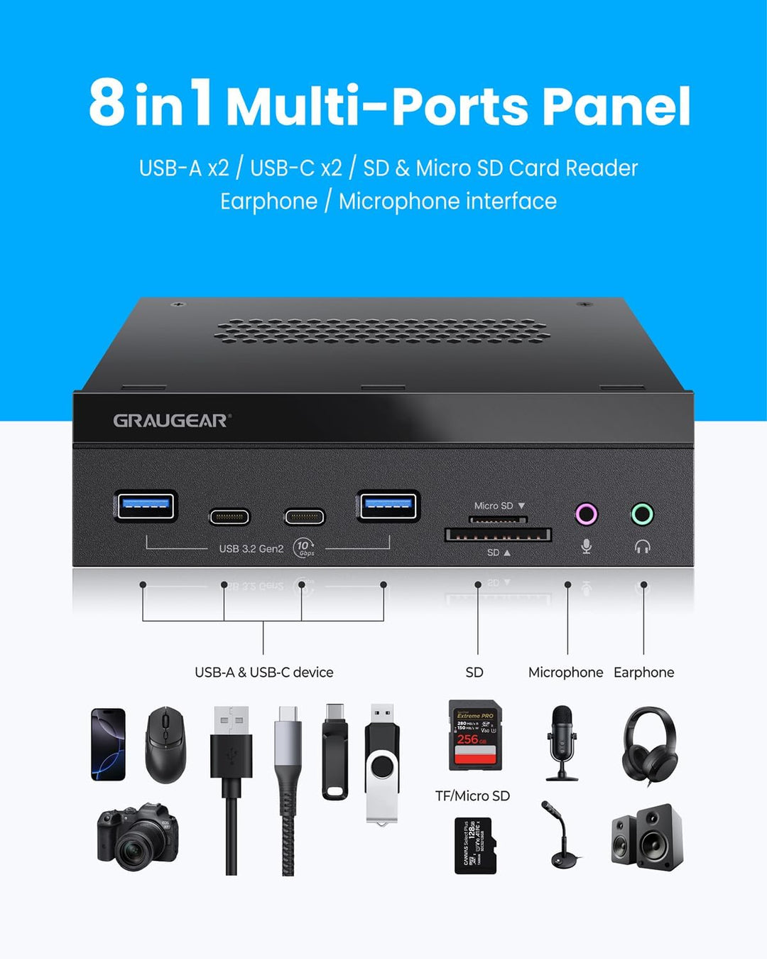 GRAUGEAR 5,25 Zoll PC Frontpanel m. SD Kartenleser und USB HUB [8 in 1] | PC Gehäuse Frontpanel mit