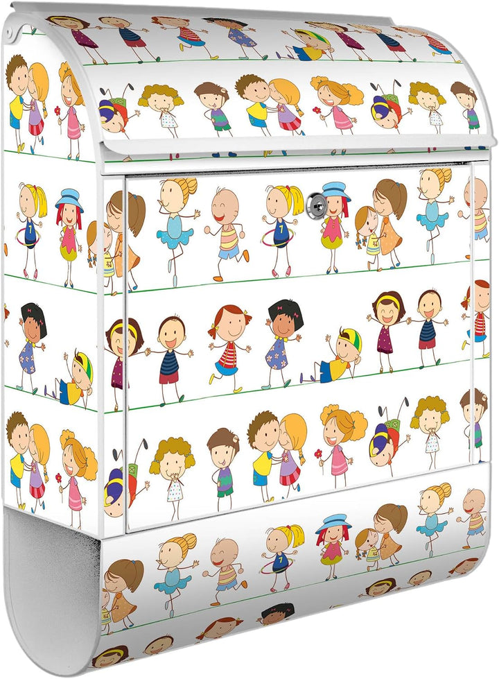banjado® Design Briefkasten mit Motiv Kinder 39x47x14cm &amp; 2 Schlüssel - Briefkasten Stahl weiss mit