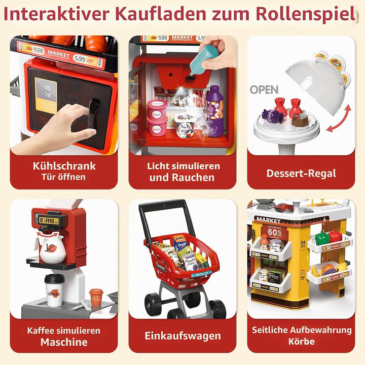 deAO Supermarkt mit Einkaufswagen, Kasse, 65PCS Kaufladen Zubehör, Kaufladen Kasse mit Scanner und S