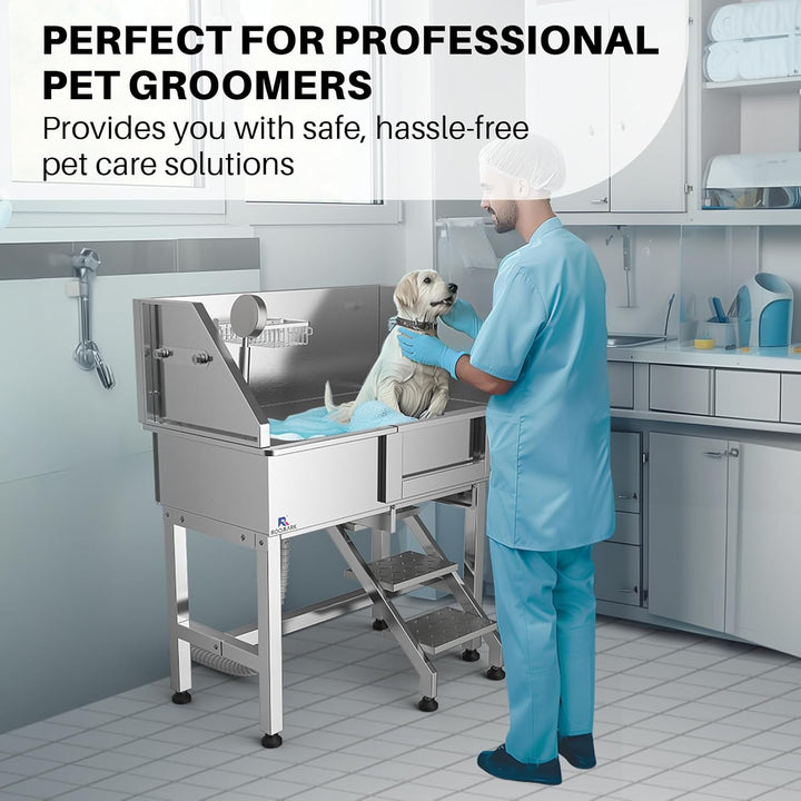 Roomark 86 cm Professionelle Hundebadewanne mit Treppe, Edelstahl Hundepool mit Duschkopf & Schiebet